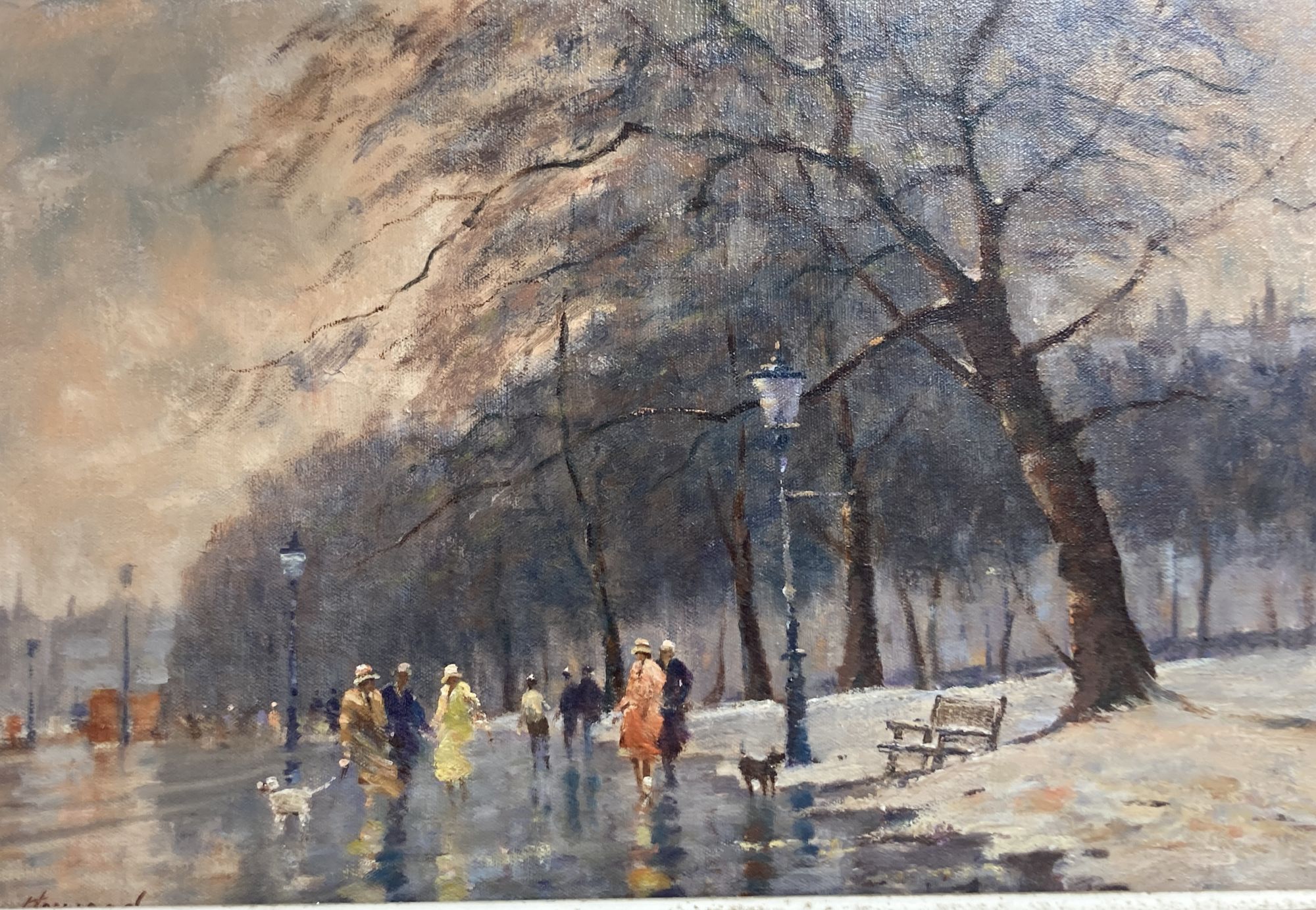 John Horwood (b. 1934), oil on canvas, Winter park scene with figures, signed, 29 x 44cm